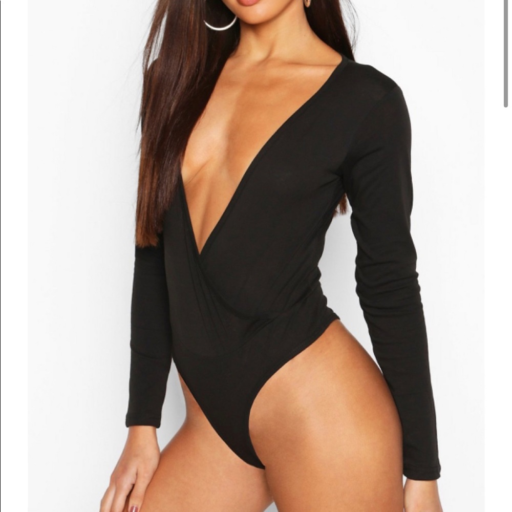 Sexy plunge long sleeve black body suit
